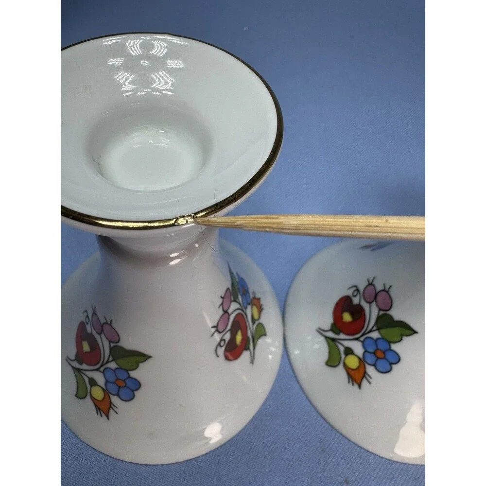 Set Of 2 Kalocsa Candle Holders, Hand painted Red And Blue Floral, Hungary 4.5”